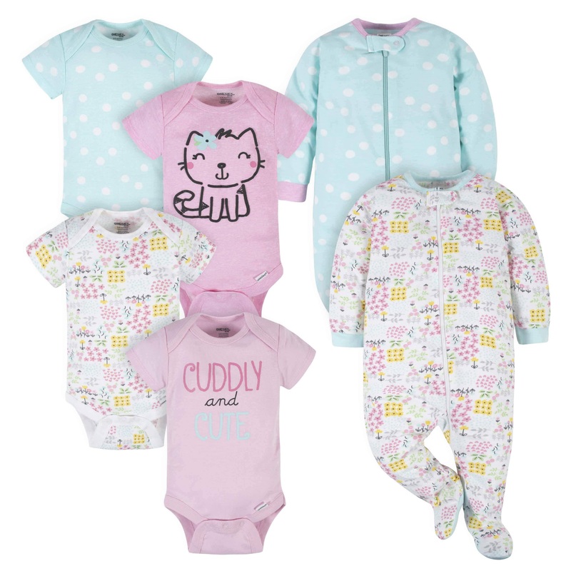 6-Piece Baby Girls Cuddly & Cat Onesies Brand Bodysuit & Sleep N’ Play Set
