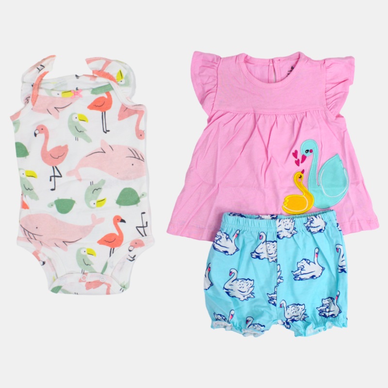 Baby Girls Cotton 3-Piece Outfit Set  Pink with Swans Print