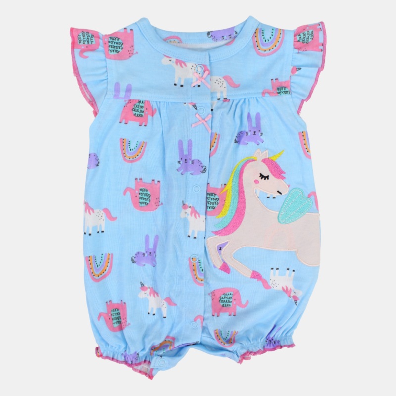 Baby Girls Cotton Romper  Light Blue with Unicorn and Animals Print