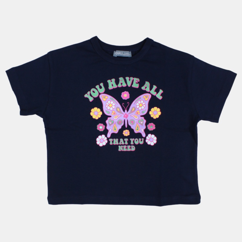 Girls Cotton Short-Sleeved T-Shirt  Navy Blue with a Butterfly Design