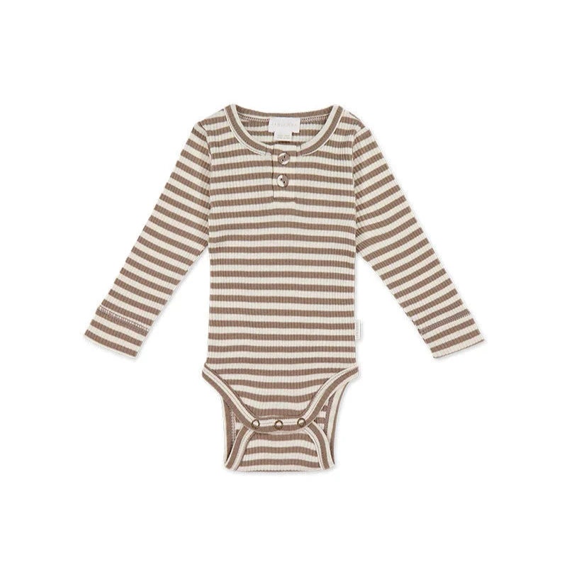 Jamie Kay Modal Long Sleeve Bodysuit – Narrow Stripe Tweed/Cloud – Organic Cotton