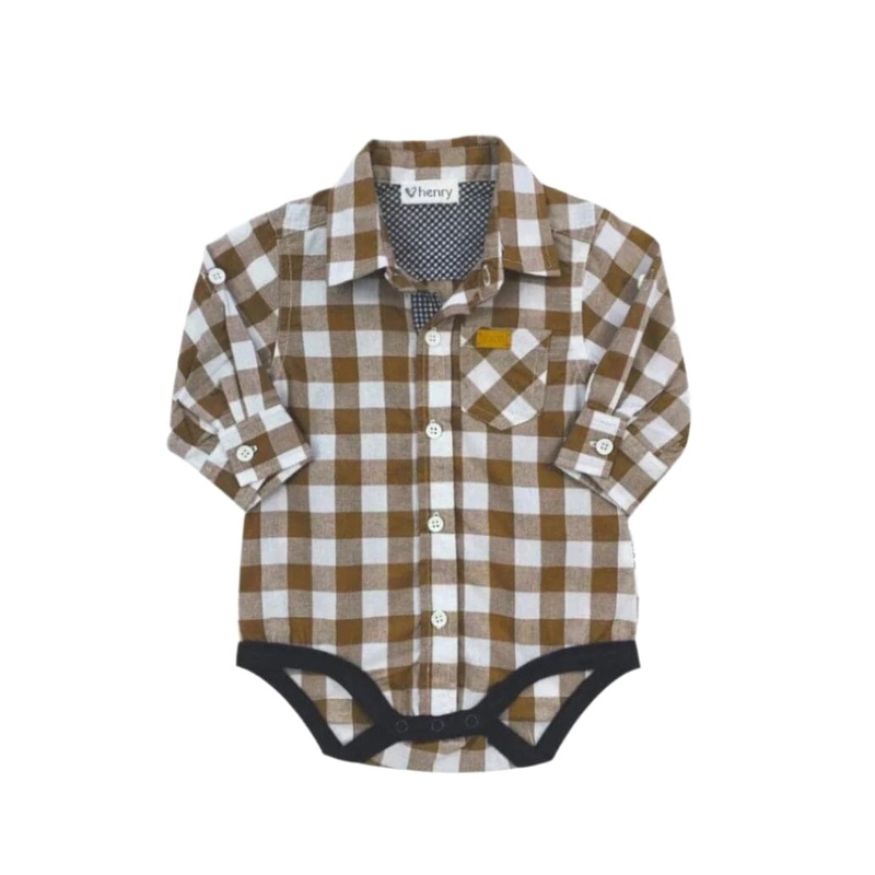 Love Henry – Baby Boys Dress Shirt Romper | Large Bronze Check