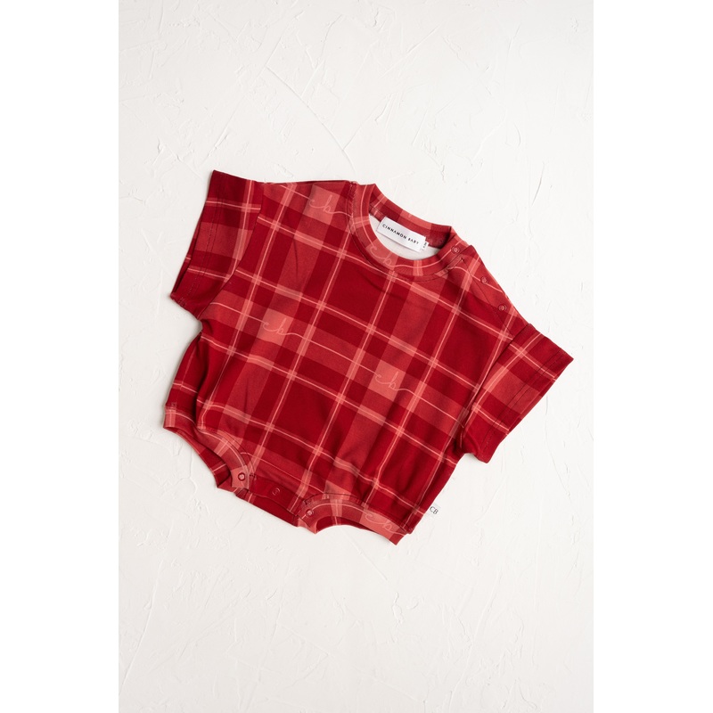 Cinnamon Baby – Plaid T-Shirt Romper | Red – PREORDER