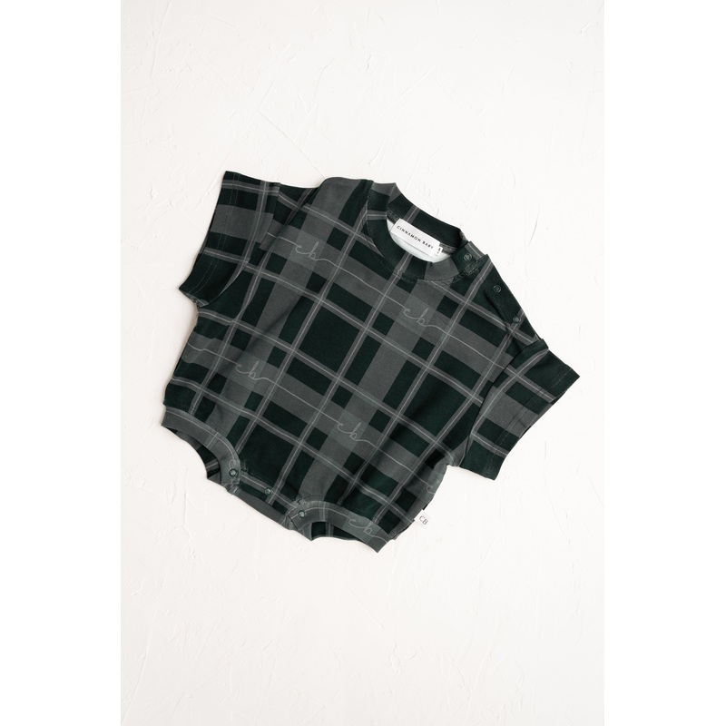 Cinnamon Baby – Plaid T-Shirt Romper | Green – PREORDER