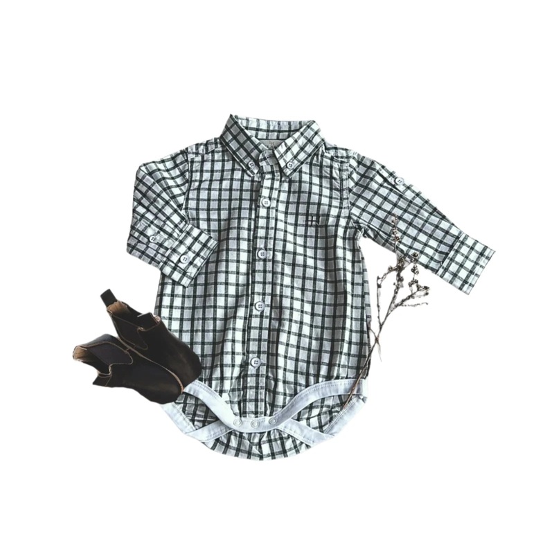 Love Henry – Baby Boys Oxford Shirt Romper | Green Check