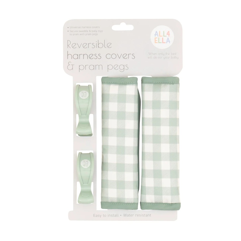 All 4 Ella – Reversible Harness Covers & Pram Pegs | Gingham Sage