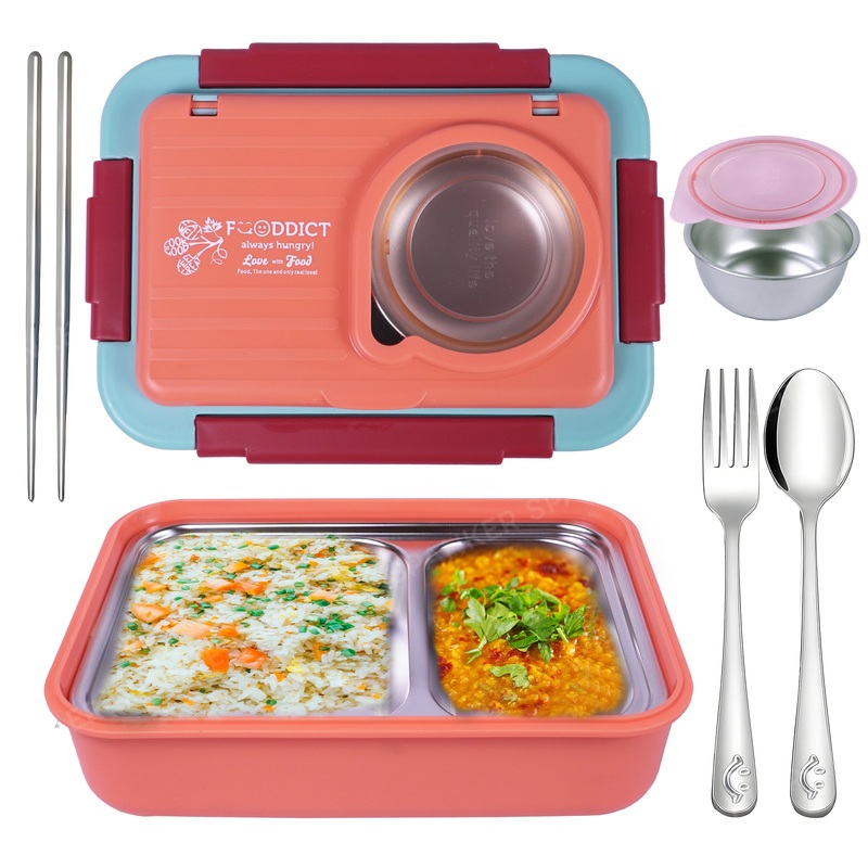 Spanker 1050ML Stainless Steel Insulation BPA Free Leak-Proof 5 Compartment Lunch Box with 3 pc Cutlery Bento Box for Kid Adult Student Children – Orange