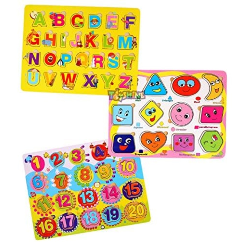 3 in 1 Wooden Picto-Puzzle ABC, 123 (1-20) and Shapes Puzzle Toy, Educational and Learning Toy
