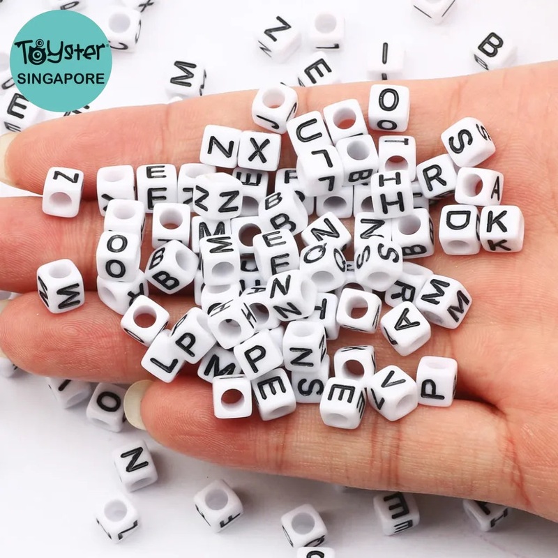 Square White and Black Mixed Letter Acrylic Beads