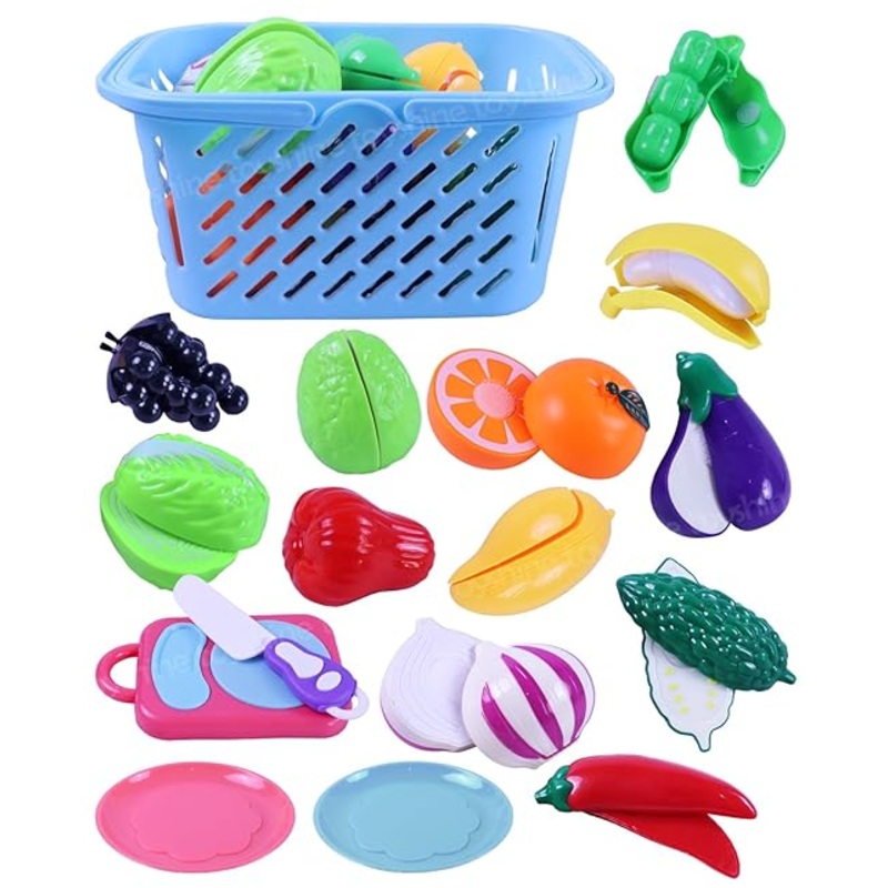 17 Pc Cut & Play Realistic Sliceable Fruits and Veggis with Chopping Board, Plate and Knife Interactive Pretend Play Toy for 3+ Years