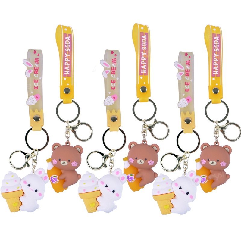 3 Set Teddy and Rabbit Cartoon Figure Kawaii Keychains with Holder Accessories, Backpack Car Key Chain for Boy Girl- Model F