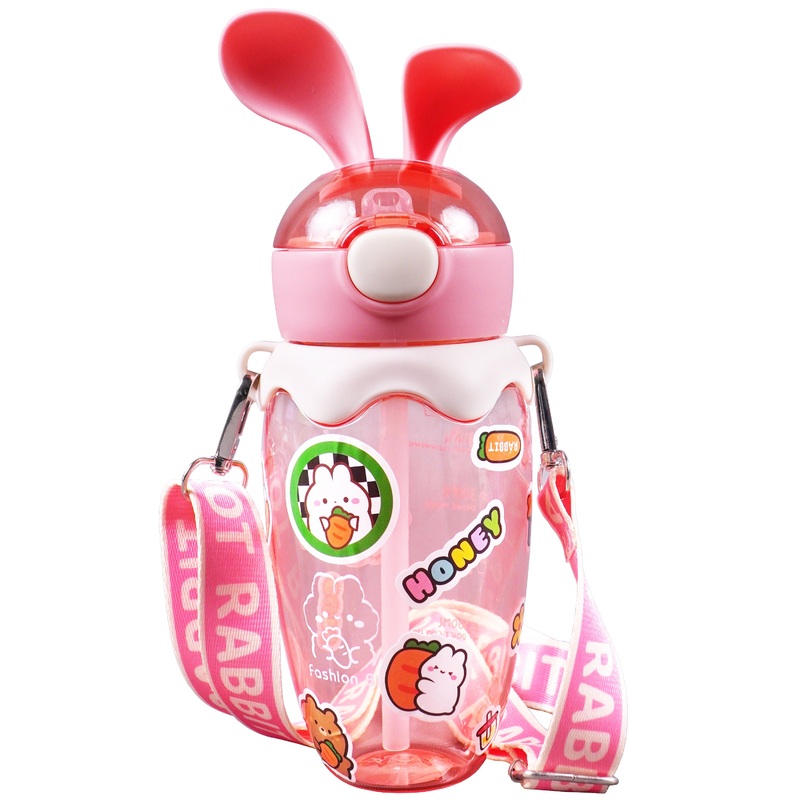 580ml Bunny Design Anti-Leak BPA-Free Spill Proof Cap Closure Kids Water Bottle with Straw And Strap for School Home and outdoor use – Pink