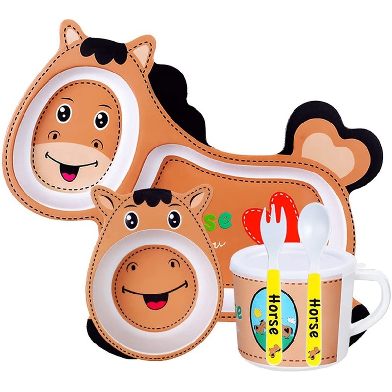 5 Piece Bamboo Dinnerware for Kids, Toddler, Plate and Bowl Set, Eco Friendly and Dishwasher Safe, Great Gift for Birthday, Baby Shower- Horse Design