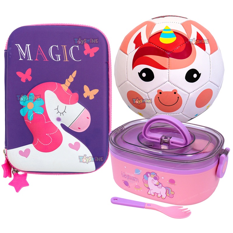 Set of 3 Unicorn Combo Pack | Football, Pouch, Lunch Box | Gift Set for Kids, School Supplies