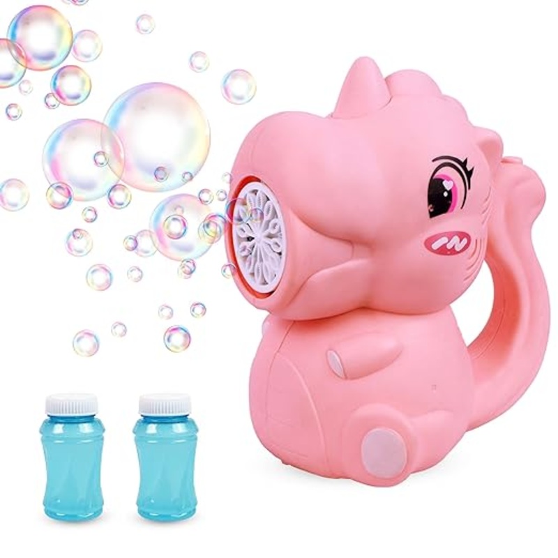 Battery Operated Dinosaur Gatling Bubble Machine Toy with 2 Scoup Bottle for Children Party Favors Outdoor & Indoor Activity for Boys Girls 3 Years and Above (Pink)