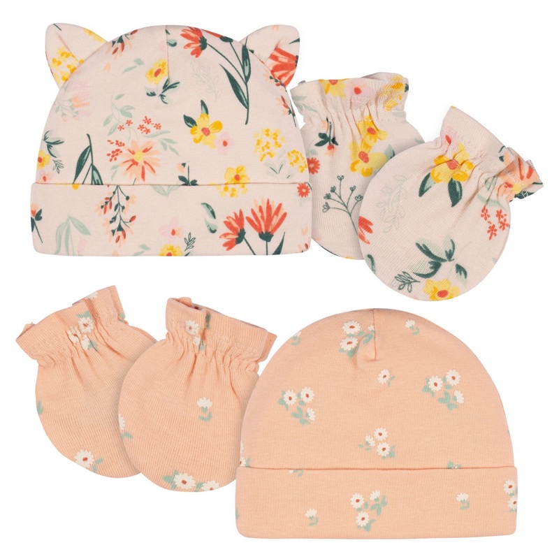 4-Piece Baby Girls Wildflower Cap & Mitten Set