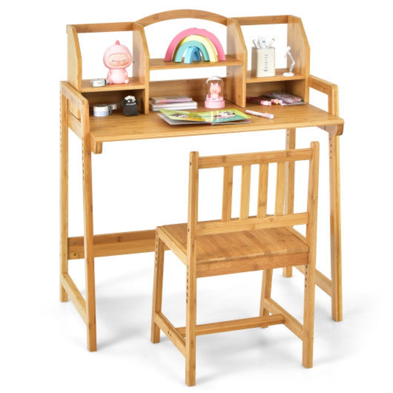 Bamboo Kids Study Desk and Chair Set With Bookshelf
