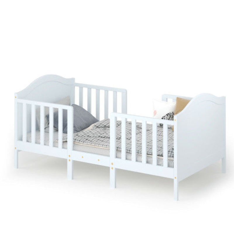 2-in-1 Classic Convertible Wooden Toddler Bed With 2 Side Guardrails for Extra Safety-White