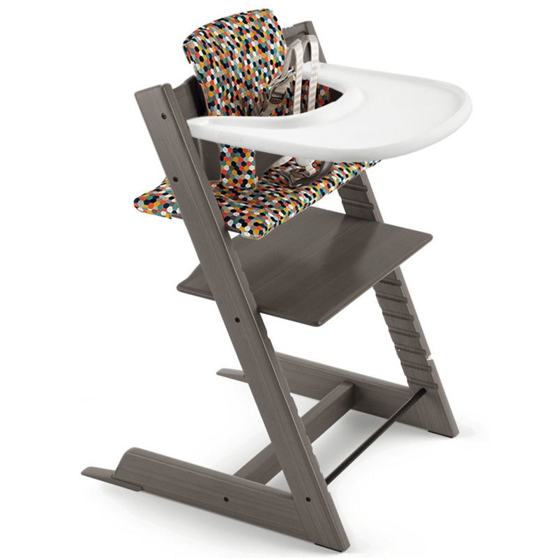 Tripp Trapp High Chair and Cushion with Stokke Tray Bundle – Hazy Grey / Honeycomb Happy / White