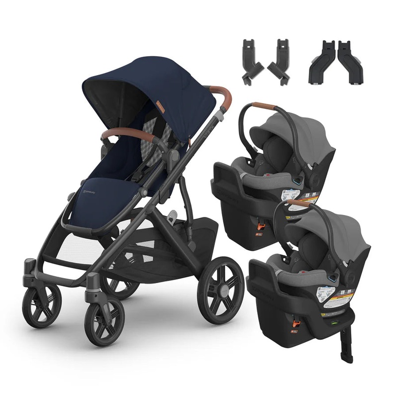 UPPAbaby Vista V3 From Birth Twin Mode Travel System (Stroller + 2 Aria Infant Car Seats + Adapters)