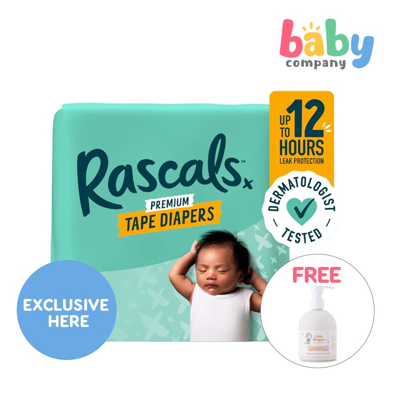 2 Packs of Rascals Tape Jumbo Newborn + FREE Little Dragon Calm Baby Wash Bottle