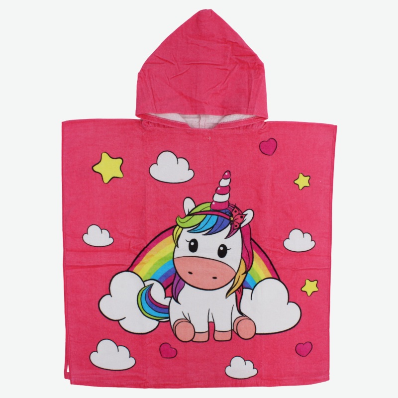 Girls Poncho Beach Towel with Hoodie – Pink with Unicorn Design