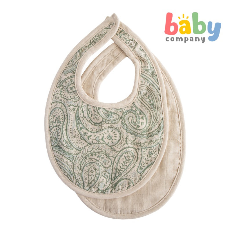 Mushie Muslin Bib 2-Pack – Green Paisley/Fog
