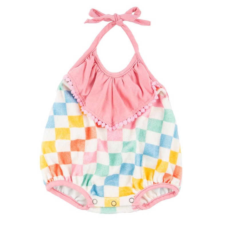 Miki Miette – Tie-Neck Bubble Romper – Rainbow Check