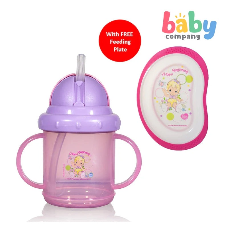 Precious Moments 2 Handle Cup with Flip Top Lid with Free Feeding Plate Pink