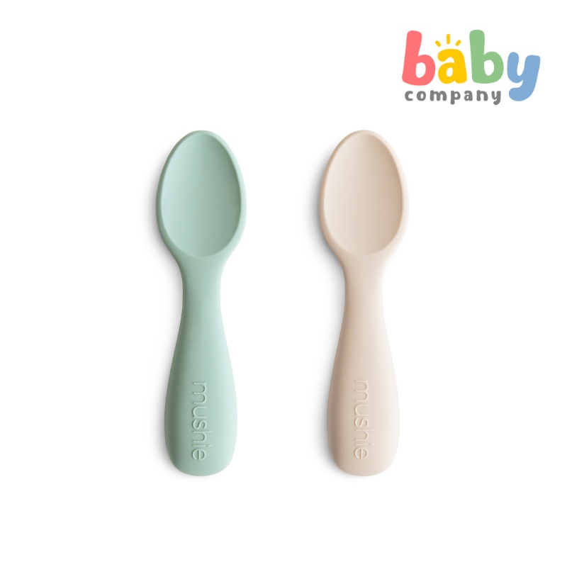 Mushie 2-Pack Silicone Toddler Starter Spoons – Cambridge Blue/Shifting Sand