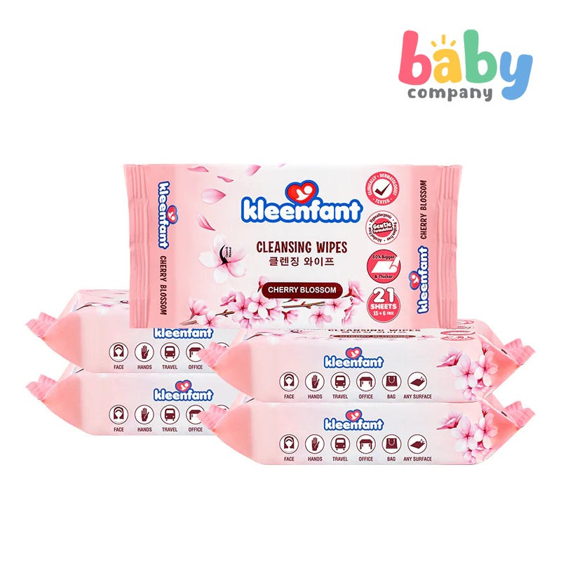 Kleenfant Cherry Blossom Cleansing Wipes – 21 Sheets (Pack of 5)
