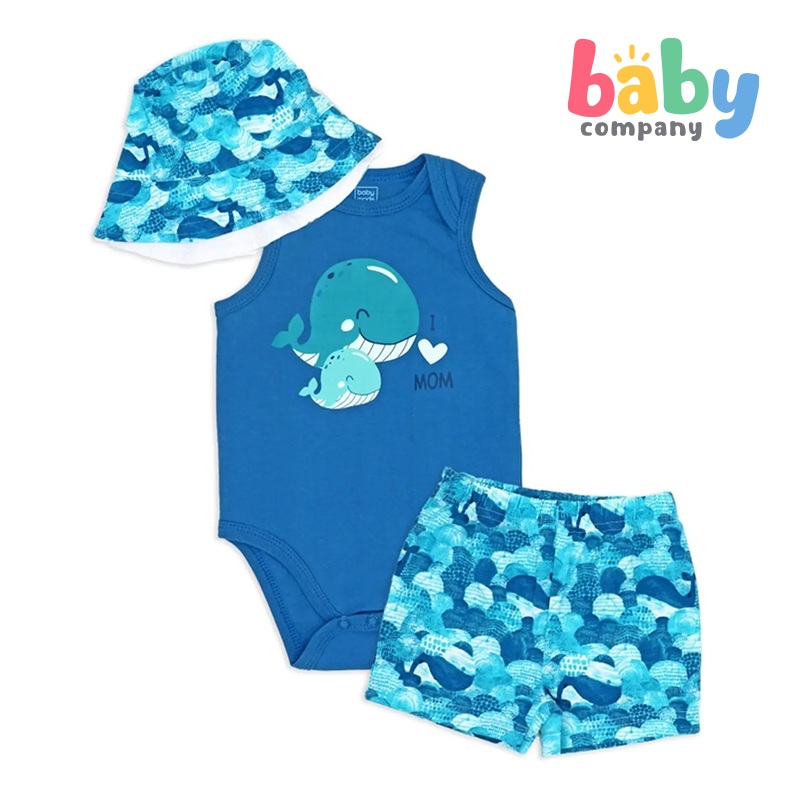 Mothers Choice Bodysuit, Short, and Sun Hat Set – Whale 0-3 Months