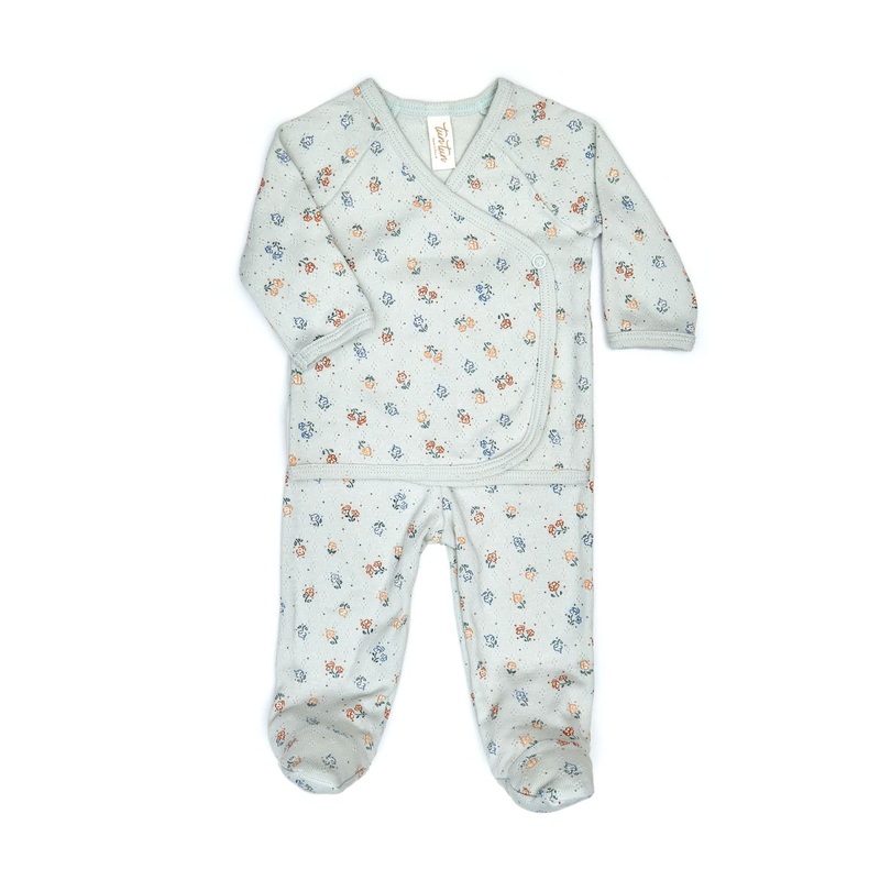 Tun Tun (Peru) – Pointelle Kimono Top + Pant Set – Mint Flowers