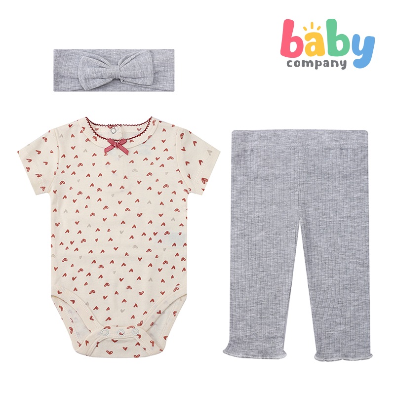 Mothers Choice Bodysuit, Pants, and Headband Set – Heart/Gray 0-3 Months