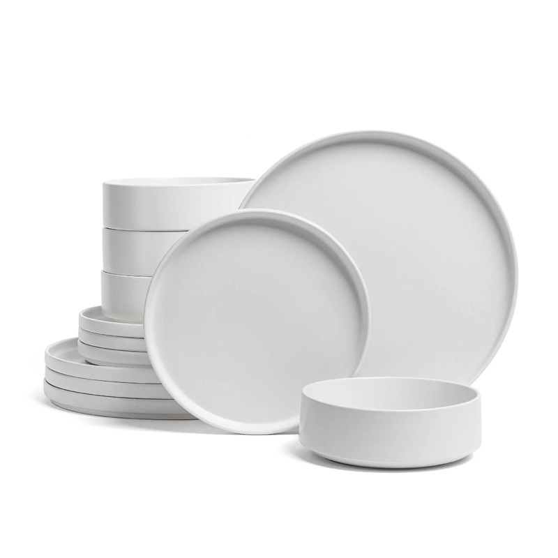 12pc Stackable Hand-Finished Stoneware Dinnerware Set Semi-Matte White