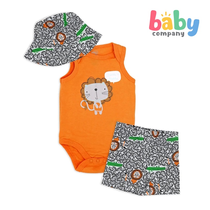Mothers Choice Bodysuit, Short, and Sun Hat Set – Lion 0-3 Months