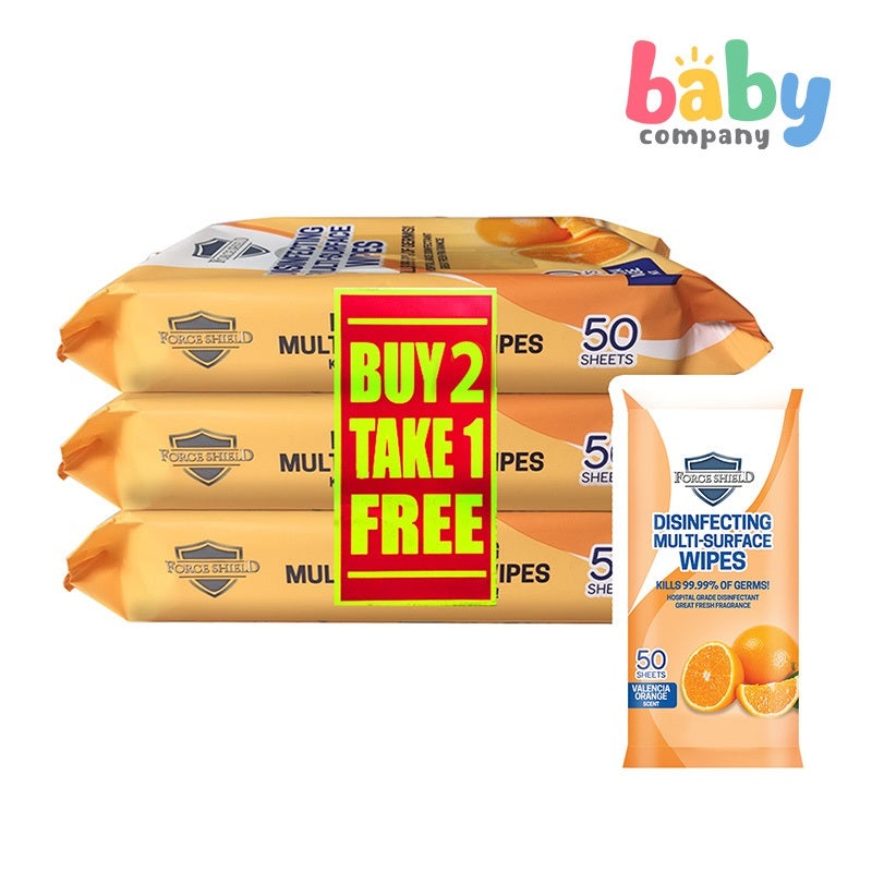 Force Shield 2+1 Disinfecting Multi-Surface Wipes – 50 sheets, Valencia Orange