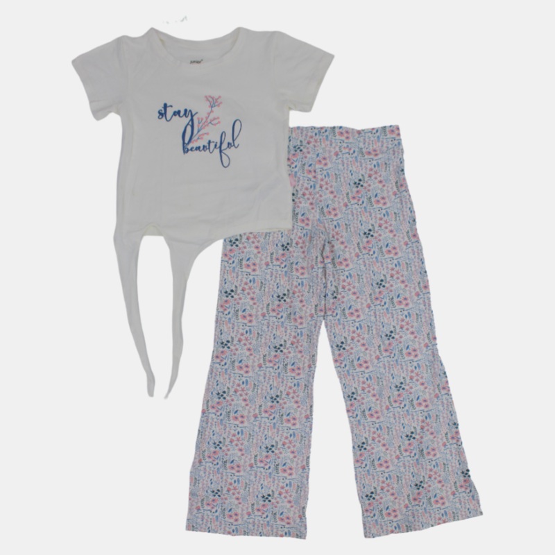 Girls Short-Sleeved Cotton Pajama Set  Off-White with Floral Design