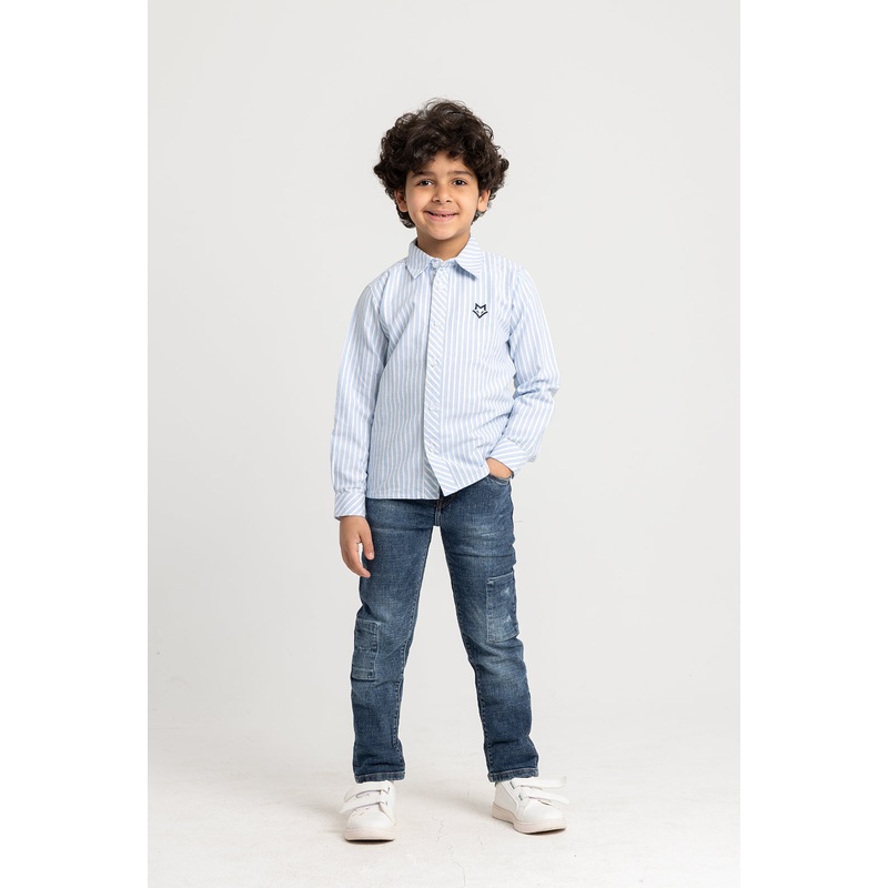Boys Striped Cotton Long-Sleeved Shirt  White & Sky Blue