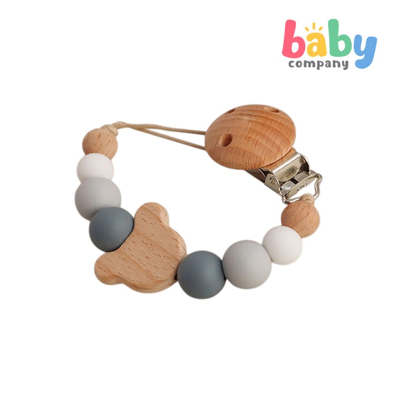 Erduo Wooden Silicone Pacifier Clip – Light Gray, Bear