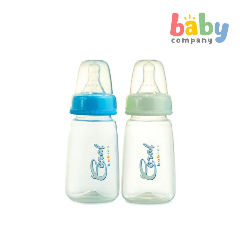 Coral Babies Regular Feeding Bottles with Anti-Colic Silicone Nipple – 4oz, Pack of 2 Blue