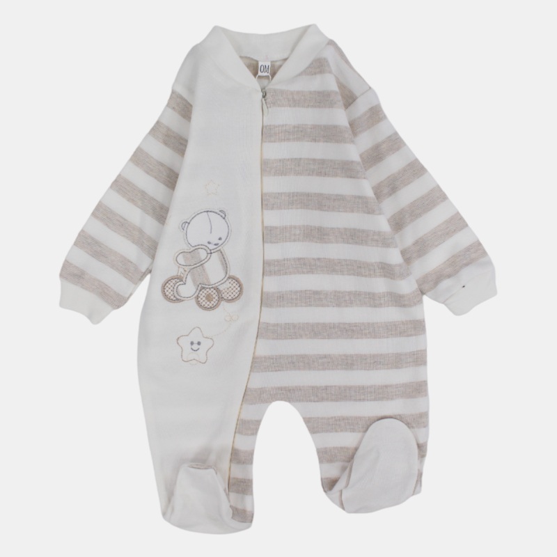 Baby Boys Long-Sleeved Baby Footie  Beige & Off-White Bear Print