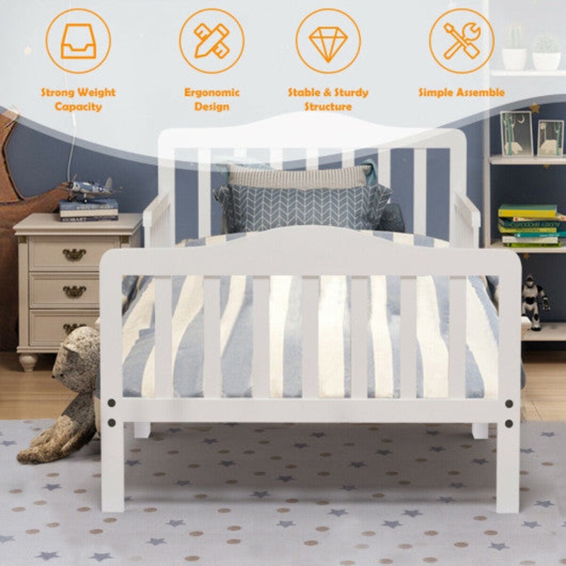 Classic Design Kids Wood Toddler Bed Frame With Two Side Safety Guardrails-White