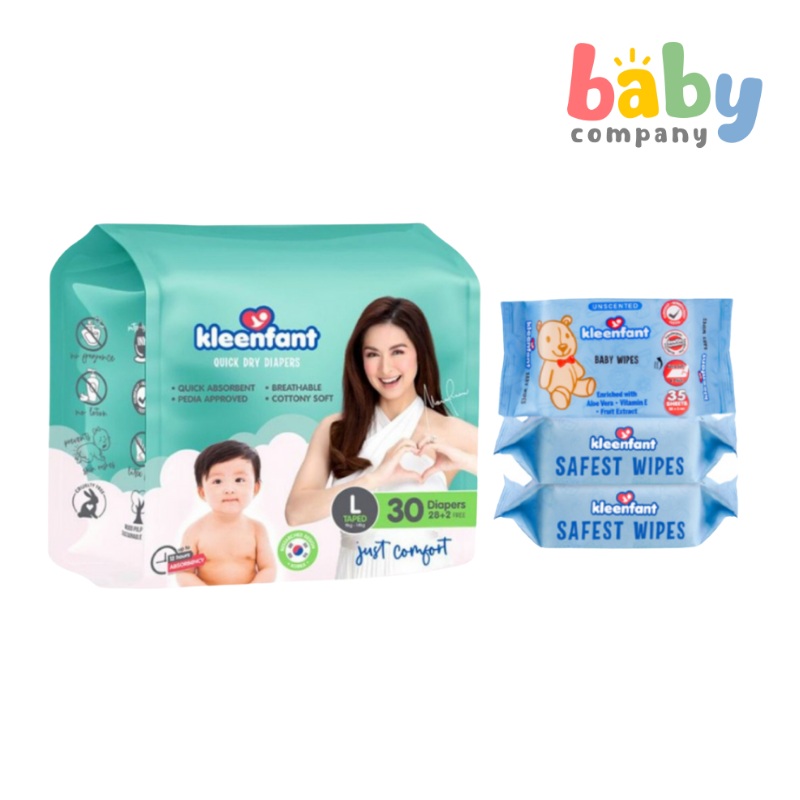 Kleenfant Diaper Taped Large 30 Pads + FREE 3 Packs of Unscented Baby Wipes Bundle