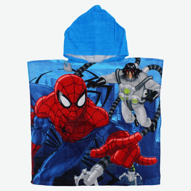 Boys Poncho Beach Towel with Hoodie  Blue with Spiderman Print