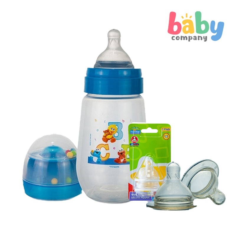 Sesame Beginnings 9oz Wide Neck Feeding Bottles Blue