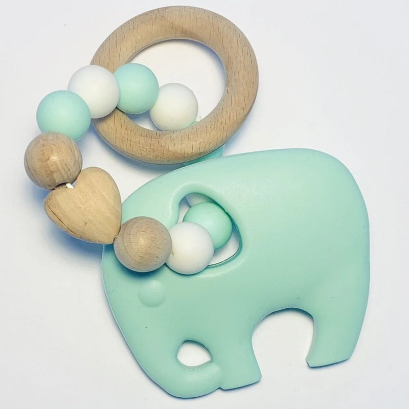Sugar + Maple Silicone + Beechwood Teether Elephant – Mint