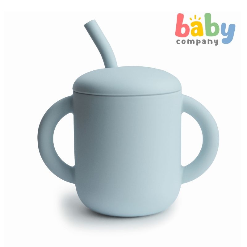 Mushie Silicone Training Cup + Straw – Powder Blue