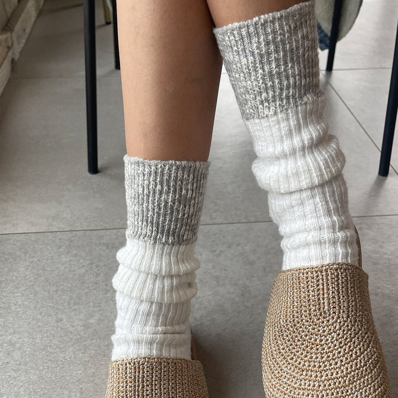 Women’s Cotton Colour Block Cottage Socks – White Linen/Heather Grey