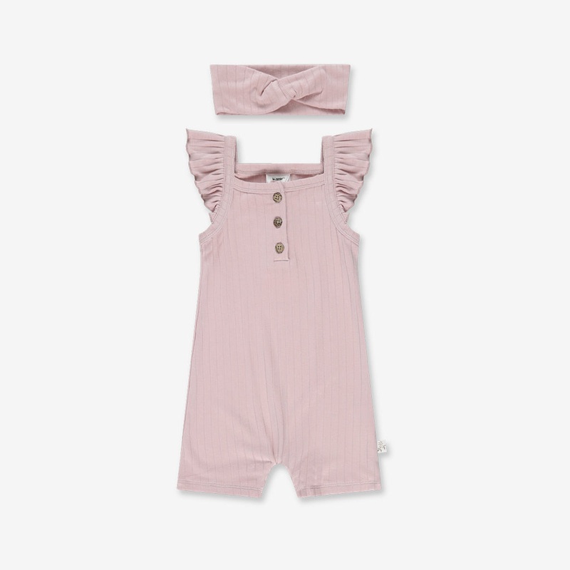 Baby Girl Flared Sleeves Overall & Hair Band RIB2 – Antique Pink